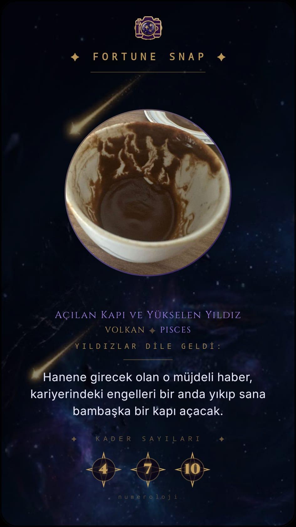 Fortune Snap paylaşım kartı: bir Türk kahvesi fincanı ve onun falı.
