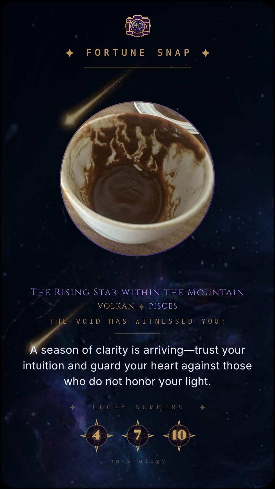 A Fortune Snap share card: a Turkish coffee cup and its generated fortune.